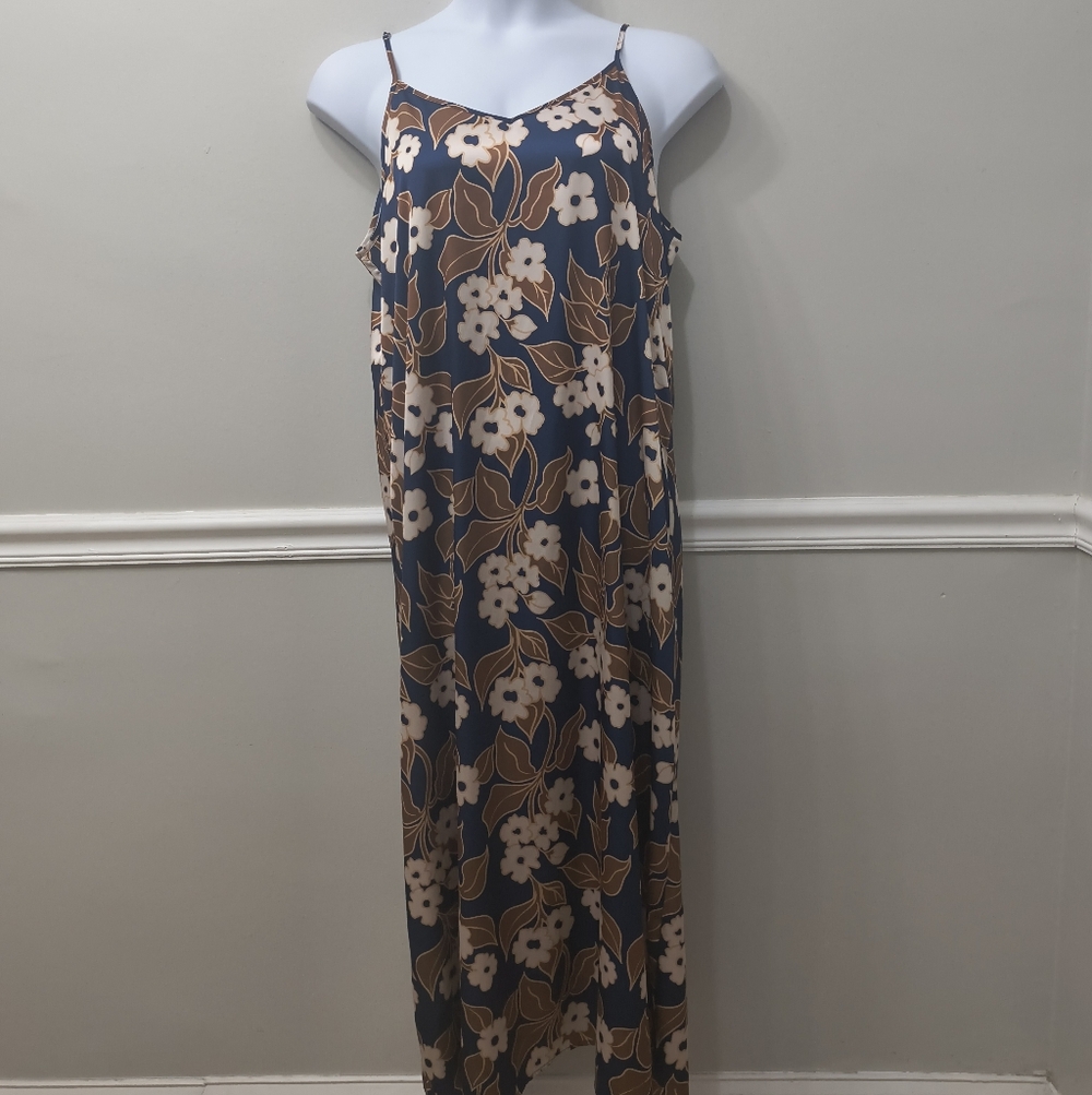 Point Floral Maxi Slip Dress Navy Brown Size XL Summer Casual Preppy Travel Work